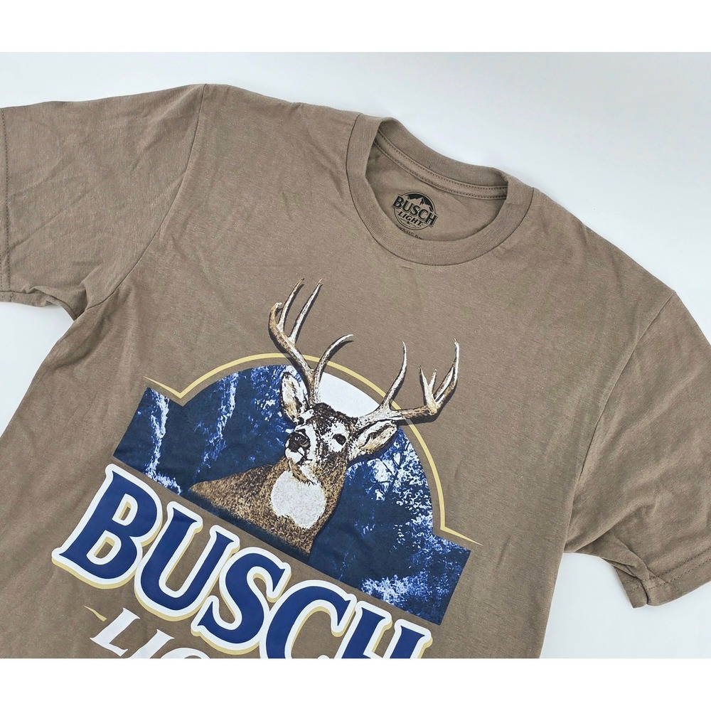Busch Light Gorpcore Short Sleeve Deer Graphic T-Shirt Size S Mens Tan Cotton